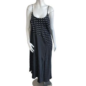 A New Day Asymmetrical Satin Polka Dots Midi Slip Dress Black XL Cocktail Party